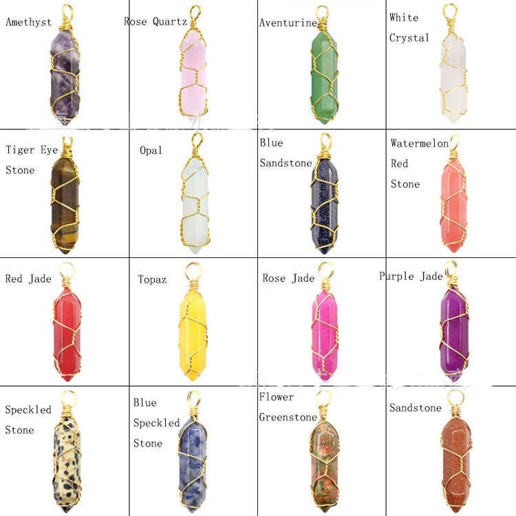 Crystal Wire Wrapped Necklaces, Rose Quartz, Amethyst, Opal, Aventurine, Gold Healing Stone Chakra Point Birthstone Gemstone Necklaces