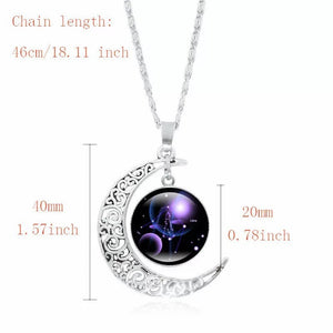 Glow in the dark zodiac sign necklace/ Moon pendant necklace/ Glass Gem necklace