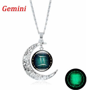 Glow in the dark zodiac sign necklace/ Moon pendant necklace/ Glass Gem necklace