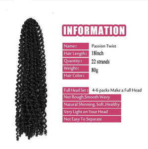 18” Passion Twist Hair 6 PACKS 132 strands Crochet Braid Extensions Water Wave Synthetic Crotchet Braids crochet Braiding Hair